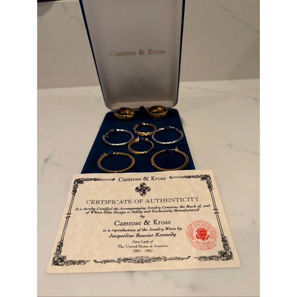 Vintage Camrose & Kross Jacqueline Kennedy Hoop Earrings Set w/ Box & COA